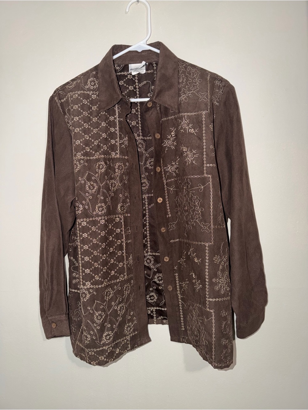 BonWorth Women’s Petite Medium Brown Embroidered Button Front Shirt